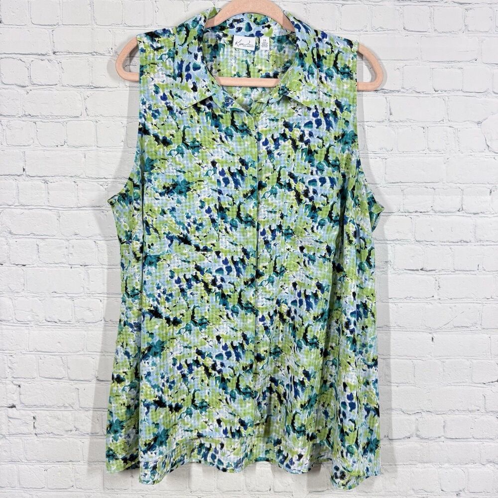Kim Rogers Women’s Size 2X Sleeveless Button Front Blouse Green Blue Abstract Pr - Picture 2 of 10